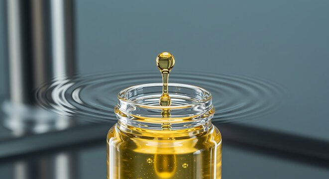 A mesmerizing close-up of a golden oil droplet suspended mid-air, just above the surface of a small bottle filled with the same liquid, creating perfectly concentric ripples upon impact. - Powered by Adobe