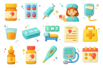 Colorful Medication Icons. Medication. 3D icons set of medication: pill bottle, capsule blister pack, syringe, IV drip, liquid medicine cup, pill organizer