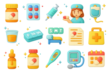 Colorful Medication Icons. Medication. 3D icons set of medication: pill bottle, capsule blister pack, syringe, IV drip, liquid medicine cup, pill organizer