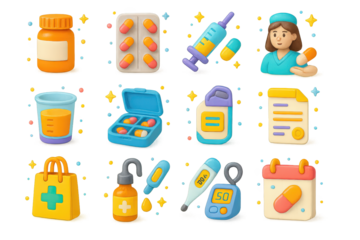 Colorful Medication Icons. Medication. 3D icons set of medication: pill bottle, capsule blister pack, syringe, IV drip, liquid medicine cup, pill organizer