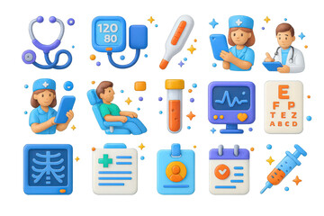 Playful Health Icons. Health Checkup. 3D icons set of health checkup: stethoscope, blood pressure monitor, thermometer, doctor writing notes, nurse with