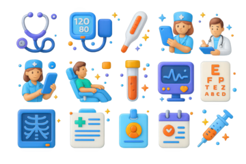 Playful Health Icons. Health Checkup. 3D icons set of health checkup: stethoscope, blood pressure monitor, thermometer, doctor writing notes, nurse with