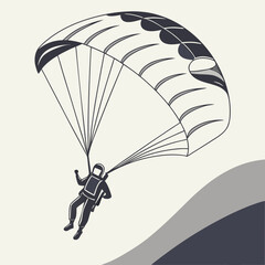 A stylized illustration of a skydiver descending with a parachute depicted in a minimalist graphic art style with clean lines and a limited color palette against a neutral background