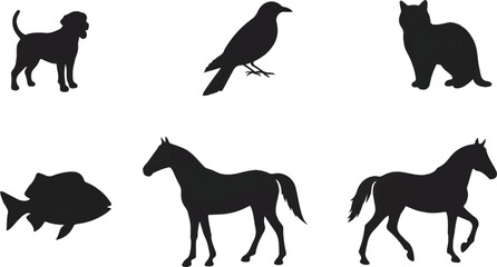 Six flat black silhouettes: dog, cat, bird, fish, horse, butterfly on white background.