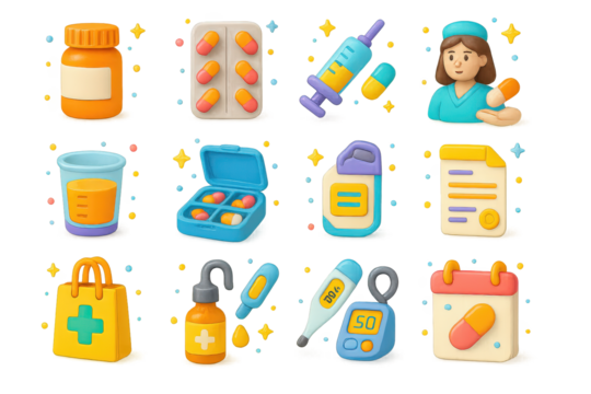 Colorful Medication Icons. Medication. 3D icons set of medication: pill bottle, capsule blister pack, syringe, IV drip, liquid medicine cup, pill organizer