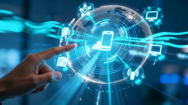 Hand touching futuristic digital interface with mobile phone, computer, wireless and network icons representing interconnected technology. Holographic sphere with technology connection points. - Powered by Adobe