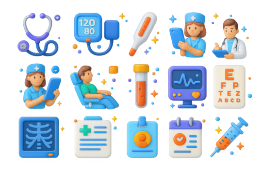 Playful Health Icons. Health Checkup. 3D icons set of health checkup: stethoscope, blood pressure monitor, thermometer, doctor writing notes, nurse with