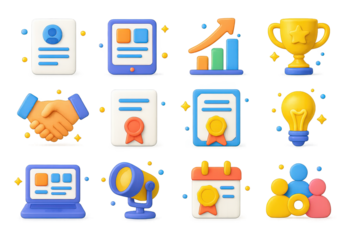 3D Career Icons Set. Career Growth. 3D icons set of career growth: resume paper, digital portfolio, ladder with arrow, trophy, handshake, job offer letter,