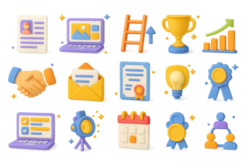 3D Career Icons Set. Career Growth. 3D icons set of career growth: resume paper, digital portfolio, ladder with arrow, trophy, handshake, job offer letter,