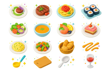 Fototapeta premium Colorful Culinary Icons. Plated Dish. 3D icons set of plated dish: gourmet plate with garnish, steak with herbs, pasta with sauce, sushi rolls, salad with