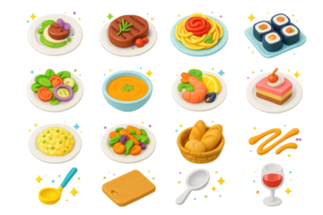 Colorful Culinary Icons. Plated Dish. 3D icons set of plated dish: gourmet plate with garnish, steak with herbs, pasta with sauce, sushi rolls, salad with