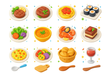 Colorful Culinary Icons. Plated Dish. 3D icons set of plated dish: gourmet plate with garnish, steak with herbs, pasta with sauce, sushi rolls, salad with