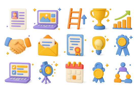 3D Career Icons Set. Career Growth. 3D icons set of career growth: resume paper, digital portfolio, ladder with arrow, trophy, handshake, job offer letter,