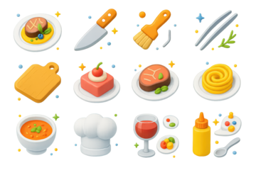 Chef's Icon Set. Chef’s Table. 3D icons set of chef’s table: plated gourmet dish, chef’s knife, sauce brush, tweezers for garnish, cutting board, dessert