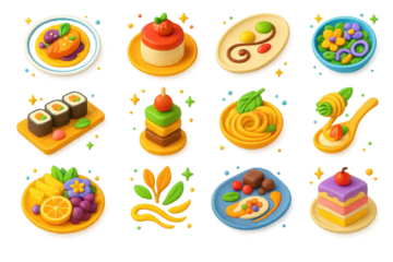 Vibrant Food Icon Set. Food Art. 3D icons set of food art: colorful plated dish, dessert with garnish, sauce drizzle design, sushi roll display, stacked
