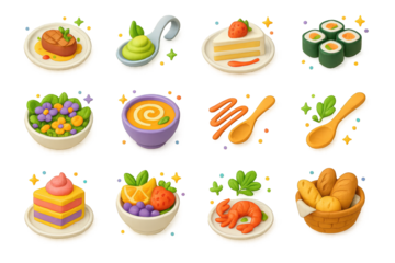 Gourmet Icon Delight. Food Presentation. 3D icons set of food presentation: plated gourmet dish, appetizer spoon, dessert plate with garnish, sushi rolls,