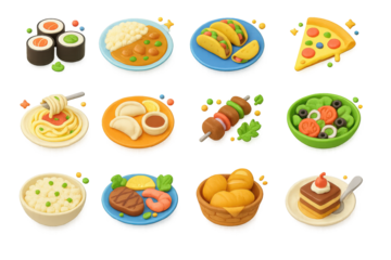 World Cuisine Icon Set. World Cuisine. 3D icons set of world cuisine: sushi rolls, curry plate, taco platter, pizza slice, pasta dish, dumplings, kebab skewer,