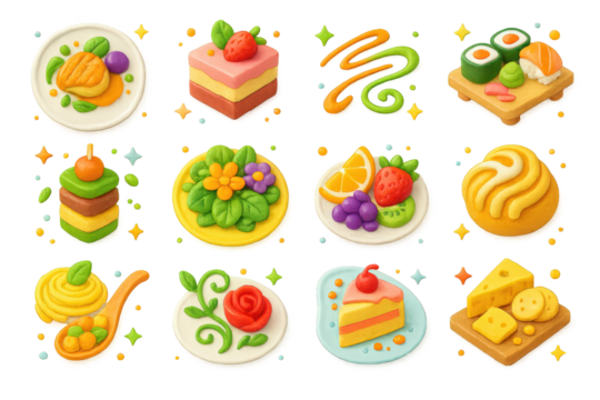 Vibrant Food Icon Set. Food Art. 3D icons set of food art: colorful plated dish, dessert with garnish, sauce drizzle design, sushi roll display, stacked