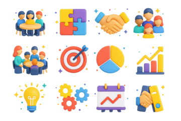 3D Teamwork Icons Set. Teamwork. 3D icons set of teamwork: employees around table, puzzle pieces fitting, handshake, group brainstorming, businesswoman leading