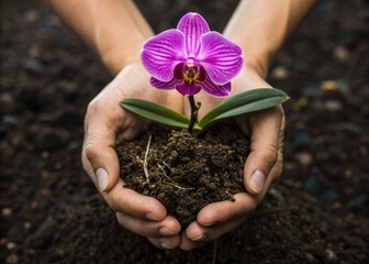 Hands cradling fertile earth with a blooming purple orchid close-up photography natural environment botanical focus