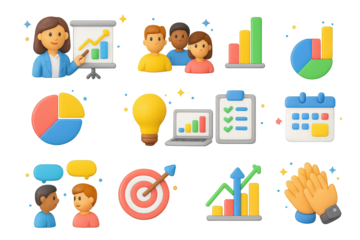 3D Presentation Icons. Presentation. 3D icons set of presentation: businesswoman pointing at chart, employees watching, projector screen, bar graph, pie chart,