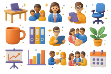 Colorful 3D Office Icons. Office. 3D icons set of office: desk with laptop, businesswoman leading team, employee with clipboard, coffee mug, file folders,