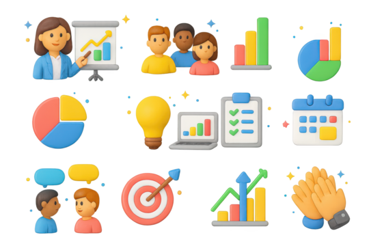 3D Presentation Icons. Presentation. 3D icons set of presentation: businesswoman pointing at chart, employees watching, projector screen, bar graph, pie chart,