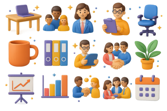 Colorful 3D Office Icons. Office. 3D icons set of office: desk with laptop, businesswoman leading team, employee with clipboard, coffee mug, file folders,