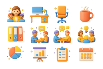Colorful Workplace Icons. Workplace. 3D icons set of workplace: businesswoman with team, desk with computer, office chair, coffee mug, file folders,