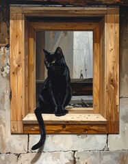 Black Cat Perched in Window Frame.