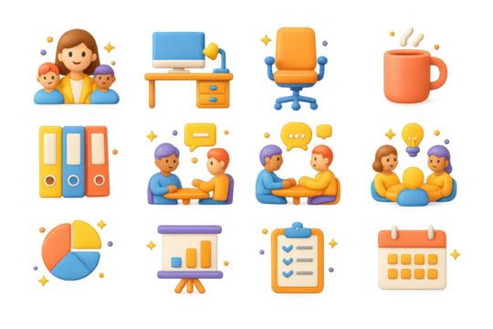 Colorful Workplace Icons. Workplace. 3D icons set of workplace: businesswoman with team, desk with computer, office chair, coffee mug, file folders,