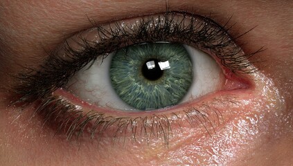 Fototapeta premium Close-up shot of a human eye, with detailed eyelashes and a vibrant, green iris