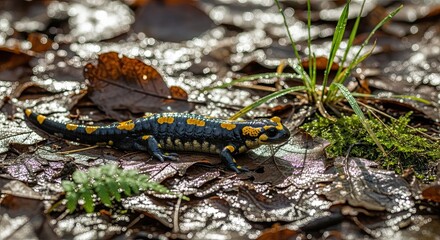 Black and yellow spotted salamander crawling on forest floor with fallen leaves and moss