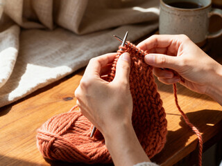 Hands knitting thick terracotta wool fabric with coffee mug on wooden table