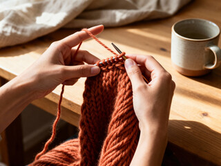 Warm sunlight on hands knitting with terracotta wool yarn and ceramic mug nearby
