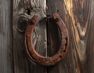 Rusty Horseshoe on Wooden Door.