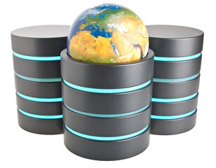 Global Data Hub: The interconnectedness of information visualized through a globe centered in a digital database hub, symbolizing the world's vast data network.