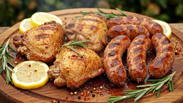 Grilled Chicken and Sausages Platter - This video showcases a beautifully arranged platter of grilled chicken thighs and sausages, garnished with fresh rosemary and lemon slices.