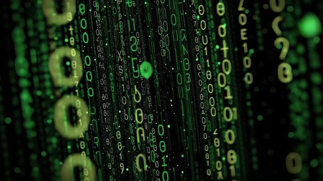 Exploring digital landscapes with green cascading code visuals