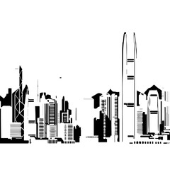 Black and White Silhouette of Hong Kong City Skyline Buildings.