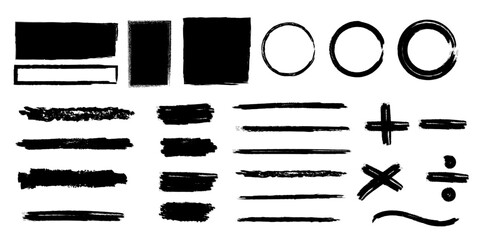 Collection of hand drawn black grunge brush strokes and shapes including rectangles ovals lines plus minus multiplication and division symbols