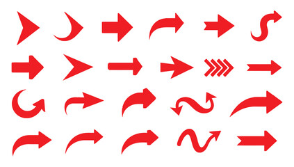 Collection of diverse red arrow icons pointing in various directions and styles on a white background for design and navigation elements