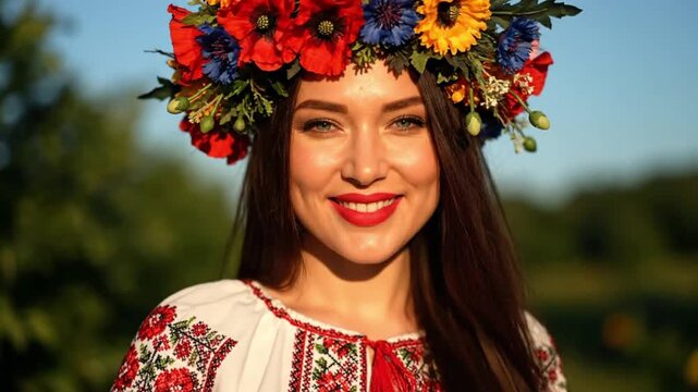 Beautiful Ukrainian girl in a vyshyvanka with a floral wreath on her head