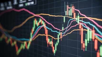 Dynamic financial analysis shows stock market data with candlestick charts and trending indicators