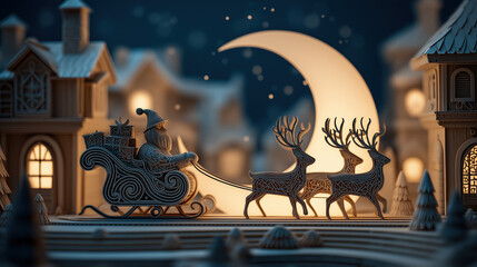 A thoughtful Santa Claus sits in a snowy forest, his thick beard covered in snow, surrounded by several curious foxes overhead. created by ai