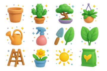 Playful Plant Icon Set. Indoor plants. 3D icons set of indoor plants: plant pot, cactus, bonsai, hanging pot, watering can, spray bottle, shovel, leaves,