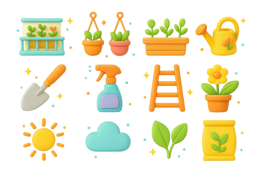 Playful Urban Gardening Icons. Urban gardening. 3D icons set of urban gardening: balcony garden, hanging pots, planter box, watering can, shovel, spray bottle,