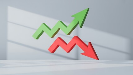 Financial growth and decline represented by ascending and descending 3d arrows in a modern minimalist concept