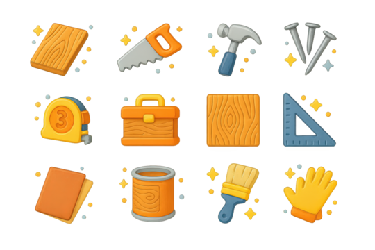 Woodworking Tools Icons. Wooden floorboard. 3D icons set of wooden floorboard: plank, saw, hammer, nails, tape measure, toolbox, wood grain pattern,