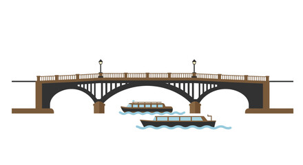 Elegant arch bridge spans river with boats below showing architectural grandeur and tranquil waterway scene isolated on white background